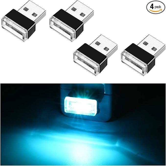 Ziciner 4 PCS USB LED Car Interior Atmosphere Lamp, Portable Mini LED Night Light, Plug-in USB Interface Trunk Ambient Lighting Kit, Universal Car Interior Accessories (Ice Blue)
