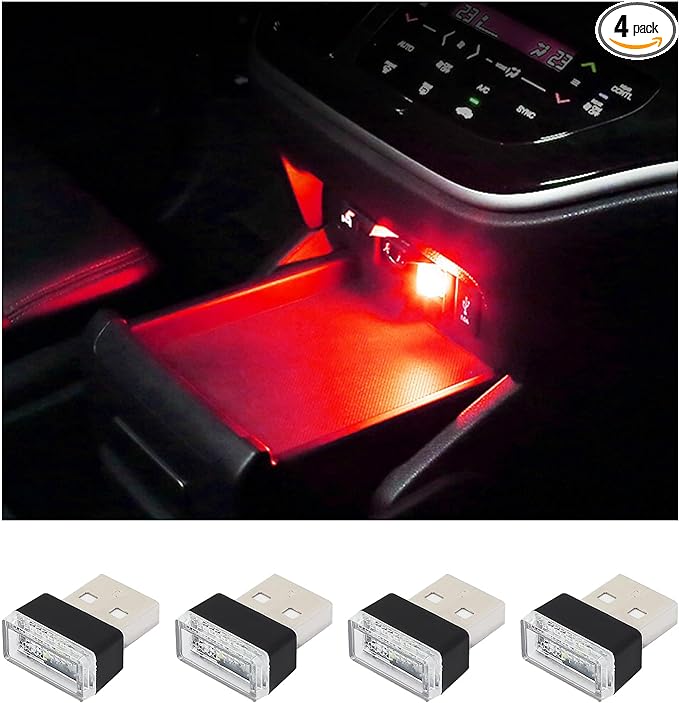 Augeny 4 PCS USB LED Car Interior Atmosphere Lamp, Plug-in USB Decor Night Light, Portable Auto Ambient Lighting Kit, Universal Vehicle Interior Accessories for Most Cars (Red)