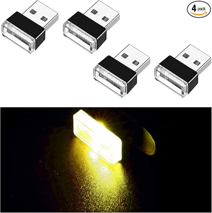 Ziciner 4 PCS USB LED Car Interior Atmosphere Lamp, Portable Mini LED Night Light, Plug-in USB Interface Trunk Ambient Lighting Kit, Universal Car Interior Accessories (Yellow)