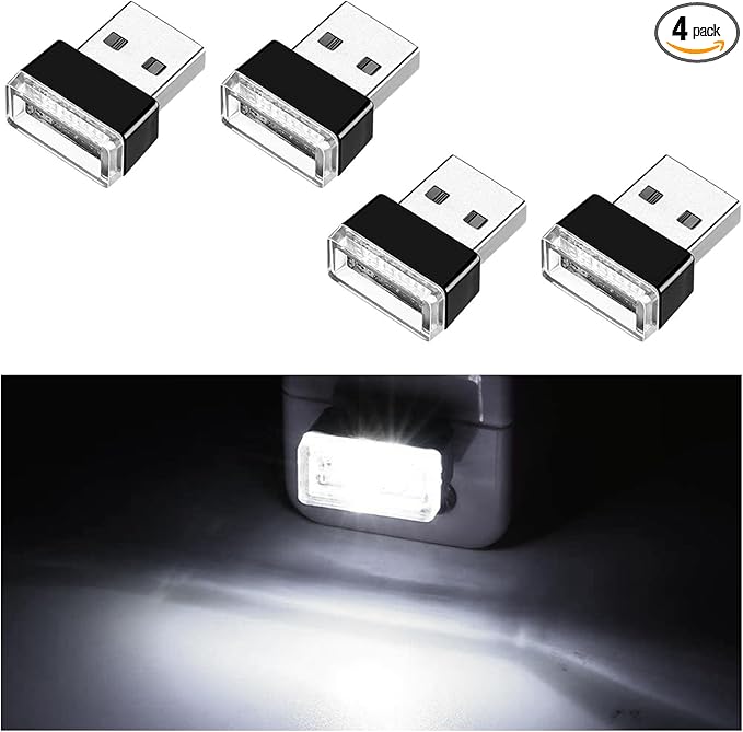 Ziciner 4 PCS USB LED Car Interior Atmosphere Lamp, Portable Mini LED Night Light, Plug-in USB Interface Trunk Ambient Lighting Kit, Universal Car Interior Accessories (White)