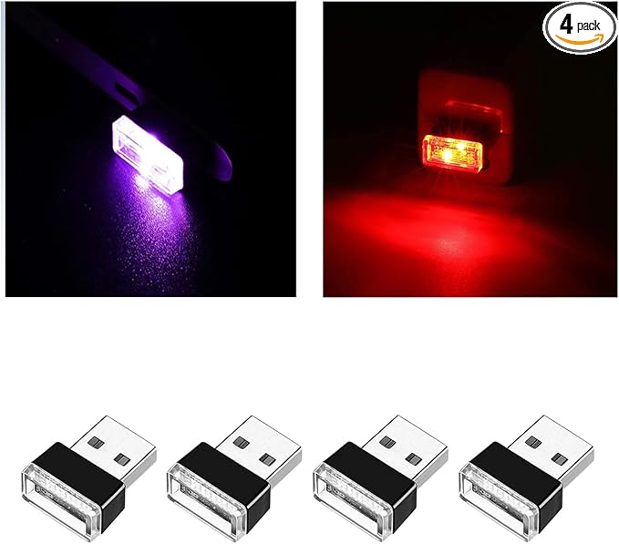 Ziciner 4 PCS USB LED Car Interior Atmosphere Lamp, Portable Mini LED Night Light, Plug-in USB Interface Trunk Ambient Lighting Kit, Universal Interior Accessories (Red+Purple)