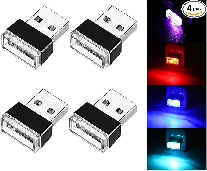 Ziciner 4 PCS USB LED Car Interior Atmosphere Lamp, Portable Mini LED Night Light, Plug-in USB Interface Trunk Ambient Lighting Kit, Universal Interior Accessories (Blue+Red+Ice Blue+Purple)