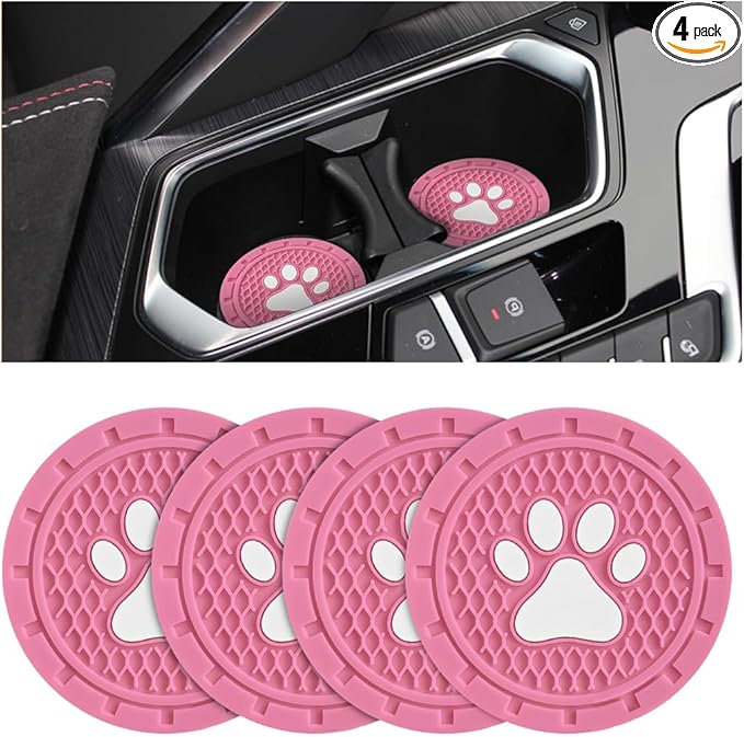 Osilly Car Cup Holder Coaster, 4 Pack PVC Paw Print Anti Slip Insert Coasters, 2.75 Inch Universal Cute Dog Paw Auto Drink Mat, Car Interior Accessories Decor for SUV, Truck, RV and More (Pink)