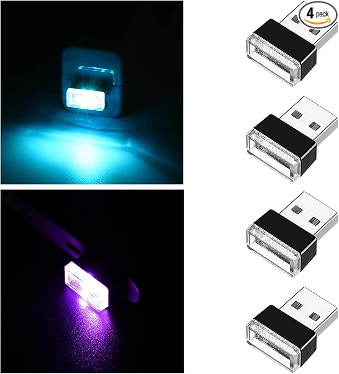 Ziciner 4 PCS USB LED Car Interior Atmosphere Lamp, Portable Mini LED Night Light, Plug-in USB Interface Trunk Ambient Lighting Kit, Universal Interior Accessories (Ice Blue+Purple)