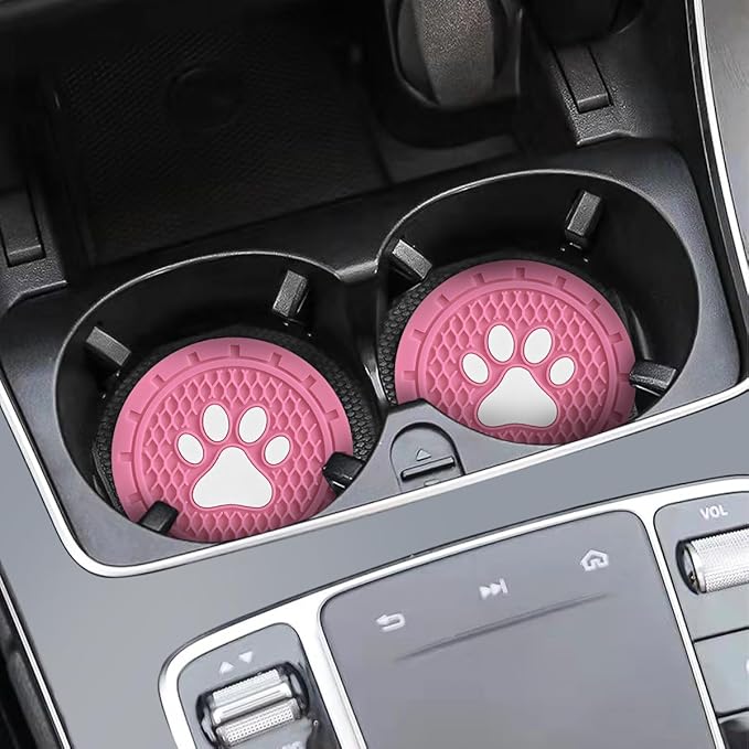 Osilly Car Cup Holder Coaster, 4 Pack PVC Paw Print Anti Slip Insert Coasters, 2.75 Inch Universal Cute Dog Paw Auto Drink Mat, Car Interior Accessories Decor for SUV, Truck, RV and More (Pink)
