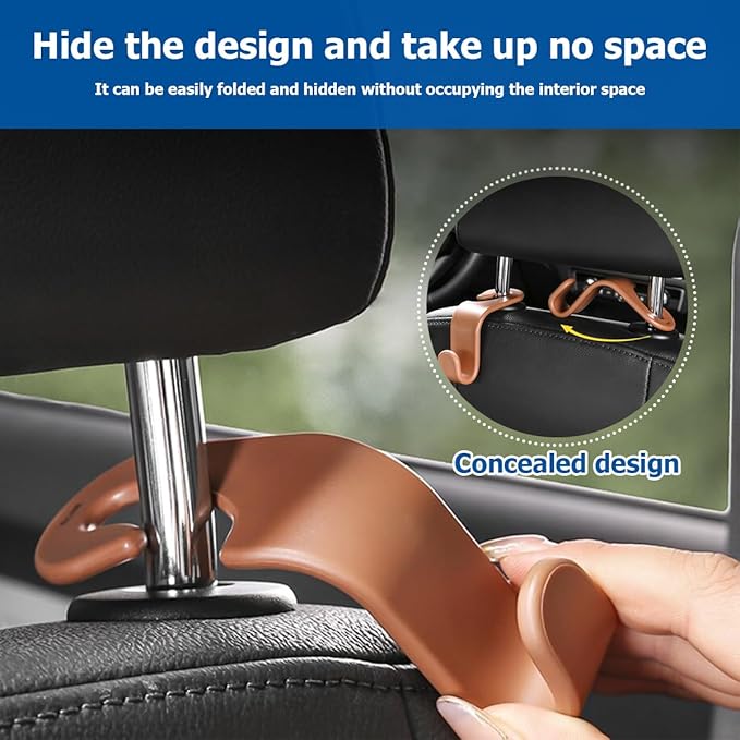 4PCS Car Back Seat Headrest Hooks, Rear Car Seat Storage Headrest Hanger Holder Hooks Organizer, Universal Auto Interior Accessories for Bag Purse Handbag Cloth Coats Grocery (Brown)