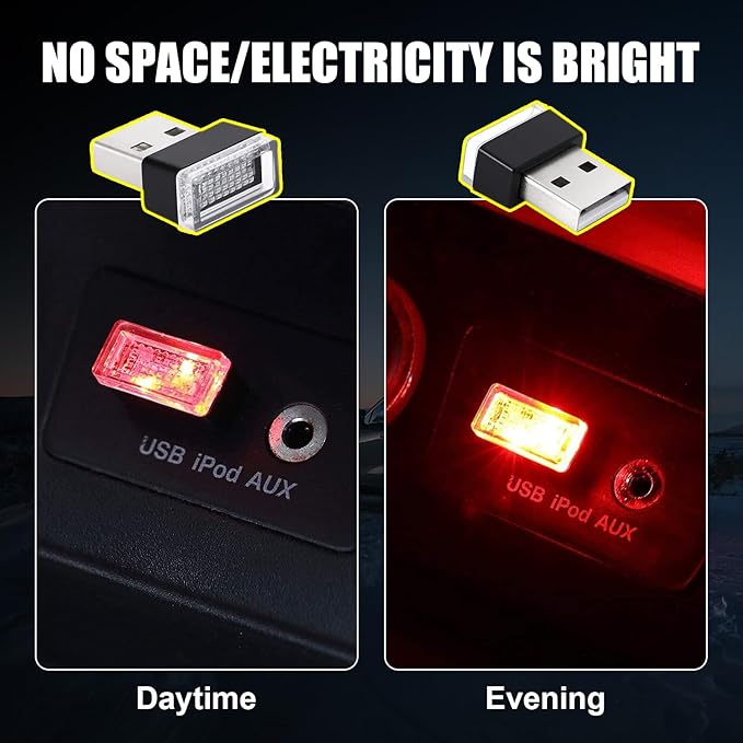 Ziciner 4 PCS USB LED Car Interior Atmosphere Lamp, Portable Mini LED Night Light, Plug-in USB Interface Trunk Ambient Lighting Kit, Universal Car Interior Accessories (Red)