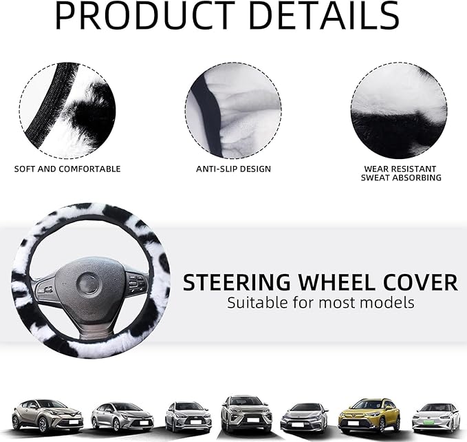 Black and White Cow Print Fuzzy Steering Wheel Cover for Women, Universal Auto Steering Wheel 14-15 Inch Soft Warm Car Interior Accessories with 2PCS Car Coasters, Suitable for Men and Women