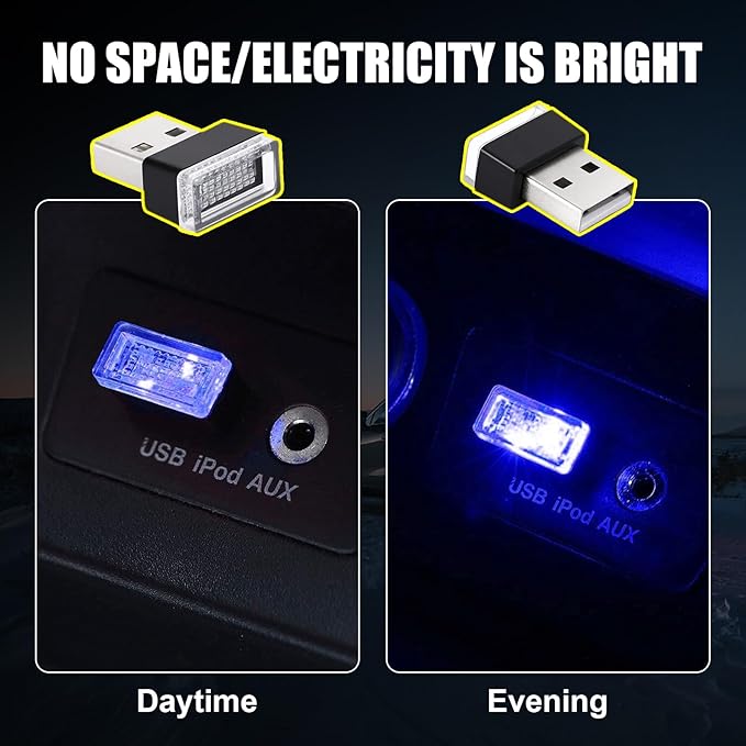 Ziciner 4 PCS USB LED Car Interior Atmosphere Lamp, Portable Mini LED Night Light, Plug-in USB Interface Trunk Ambient Lighting Kit, Universal Interior Accessories for Most Vehicles (Blue, Ice Blue)