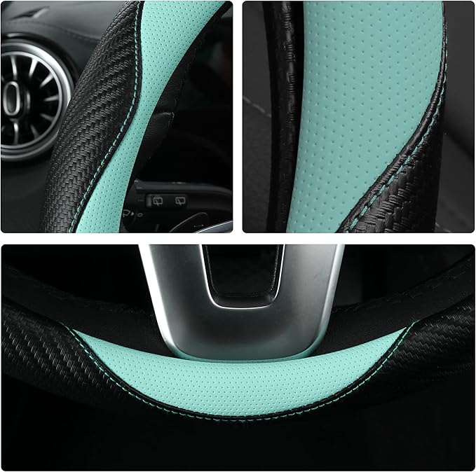 HighnessHwoo Car Steering Wheel Covers for Women Padded Carbon Fiber PU Leather Cute Auto Interior Accessories for Vehicle, Sedan, Universal, Anti Slip, Green, Standard Size, 14.75-15.15in