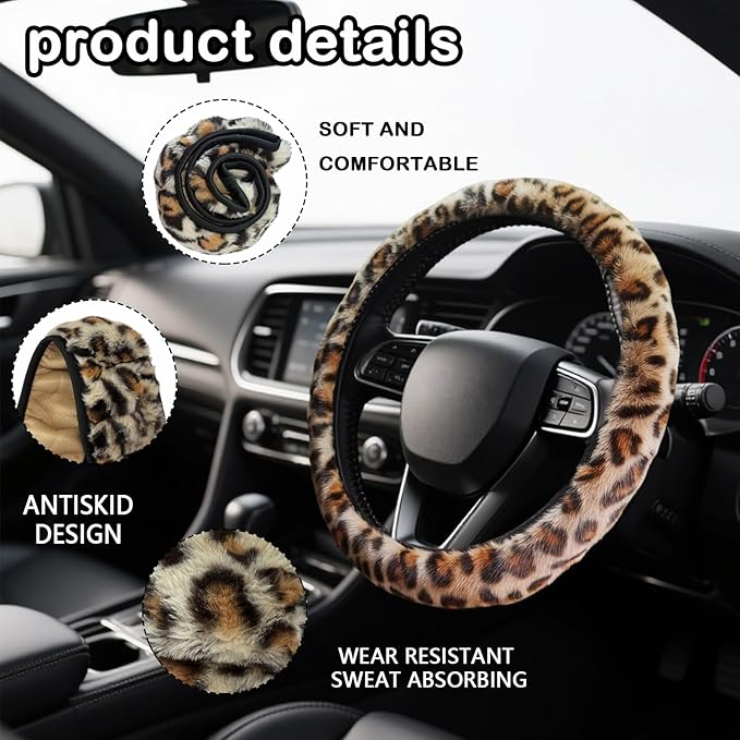 Brown Leopard Print Fuzzy Steering Wheel Cover for Women, Universal Auto Steering Wheel 14-15 Inch Soft Warm Car Interior Accessories with 2PCS Car Coasters, Suitable for Men and Women