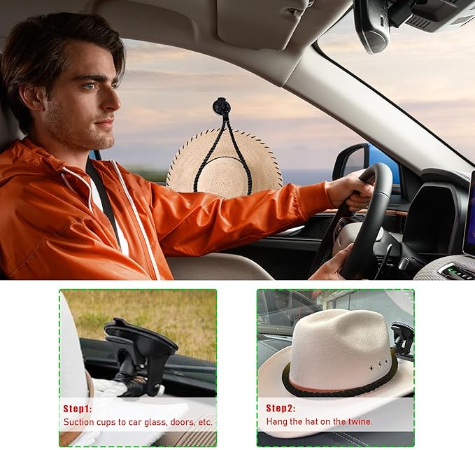 Ziciner Cowboy Hat Mounts for Your Vehicle, Hat Mounts with Suction Cup, Hat Holder Rack to Keeps Your Hat Securely On The Dash, Auto Universal Interior Accessories for Trucks, SUVs, Cars (Black)