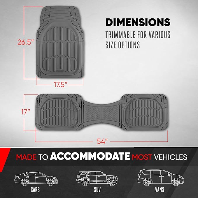 Motor Trend FlexTough LITE Rubber Car Mats Full Set - All Weather Floor Mats for Trucks, Cars & SUVs - Automotive Waterproof Gray Car Floor Mats for Cars Interior Accessories Universal Trim-to-Fit