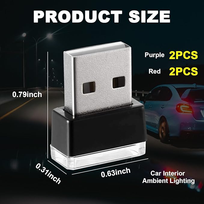 Ziciner 4 PCS USB LED Car Interior Atmosphere Lamp, Portable Mini LED Night Light, Plug-in USB Interface Trunk Ambient Lighting Kit, Universal Interior Accessories (Red+Purple)