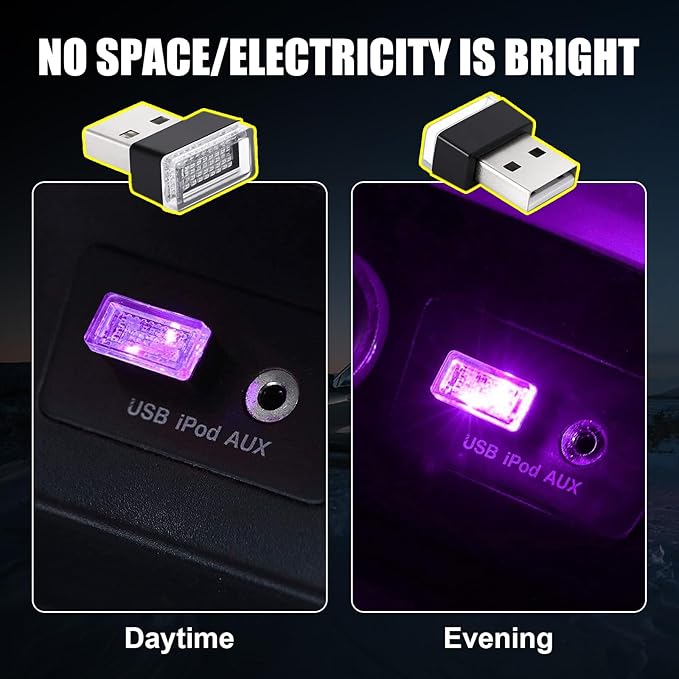 Ziciner 4 PCS USB LED Car Interior Atmosphere Lamp, Portable Mini LED Night Light, Plug-in USB Interface Trunk Ambient Lighting Kit, Universal Interior Accessories (Blue+Red+Ice Blue+Purple)