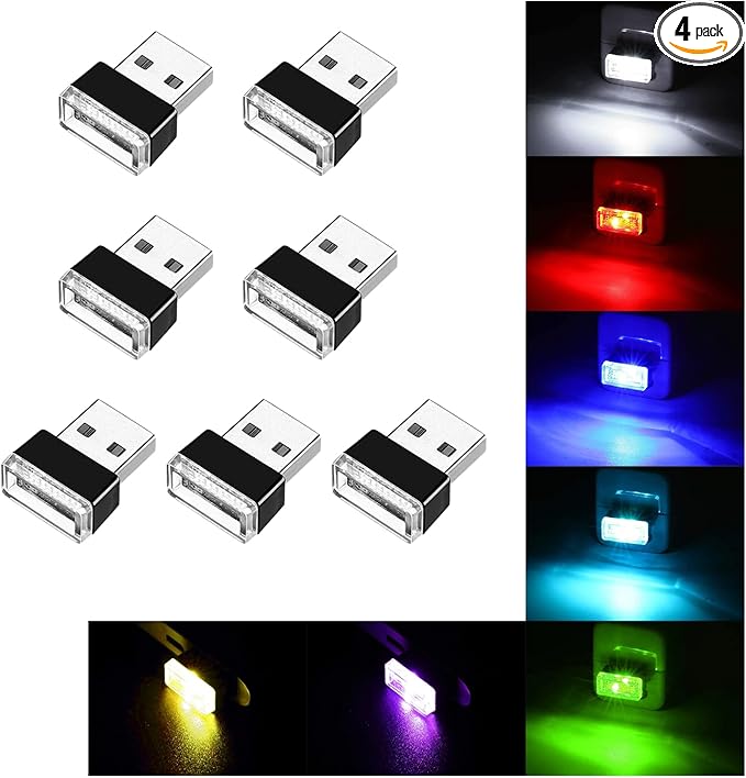 Ziciner 7 PCS USB LED Car Interior Atmosphere Lamp, Portable Mini LED Night Light, Plug-in USB Interface Trunk Ambient Lighting Kit, Universal Interior Accessories for Most Vehicles (MultiColour)