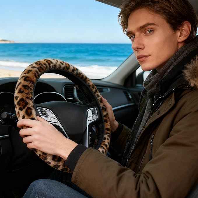 Brown Leopard Print Fuzzy Steering Wheel Cover for Women, Universal Auto Steering Wheel 14-15 Inch Soft Warm Car Interior Accessories with 2PCS Car Coasters, Suitable for Men and Women