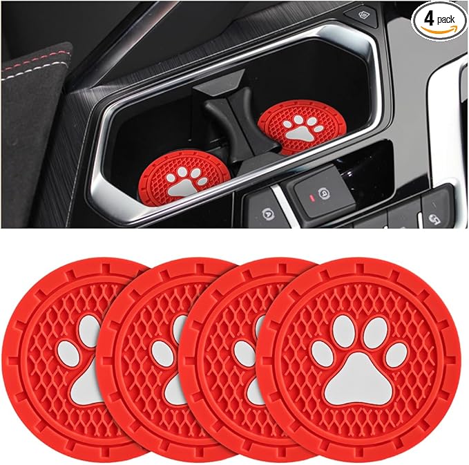 Osilly Car Cup Holder Coaster, 4 Pack PVC Paw Print Anti Slip Insert Coasters, 2.75 Inch Universal Cute Dog Paw Auto Drink Mat, Car Interior Accessories Decor for SUV, Truck, RV and More (Red)