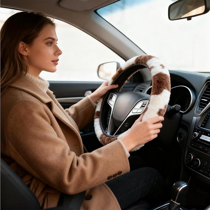 Brown Cow Fuzzy Steering Wheel Cover for Women, Universal Auto Steering Wheel 14-15 Inch Soft Warm Car Interior Accessories with 2PCS Car Coasters, Suitable for Men and Women