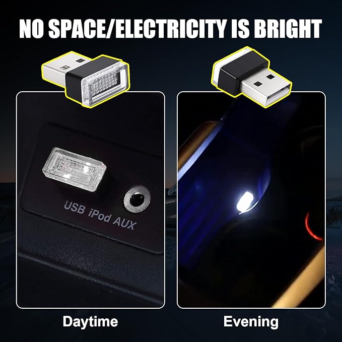 Ziciner 4 PCS USB LED Car Interior Atmosphere Lamp, Portable Mini LED Night Light, Plug-in USB Interface Trunk Ambient Lighting Kit, Universal Car Interior Accessories (White, Blue)