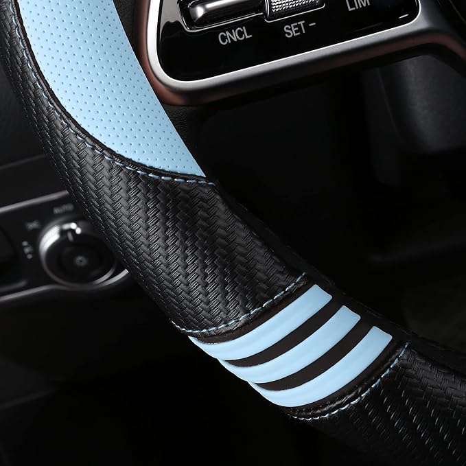 HighnessHwoo Car Steering Wheel Covers for Women Girl Padded Carbon Fiber PU Leather Cute Cartoon Auto Interior Accessories for Jeep, Truck, Universal, Anti Slip, Blue, Large Size, 15.2-16in
