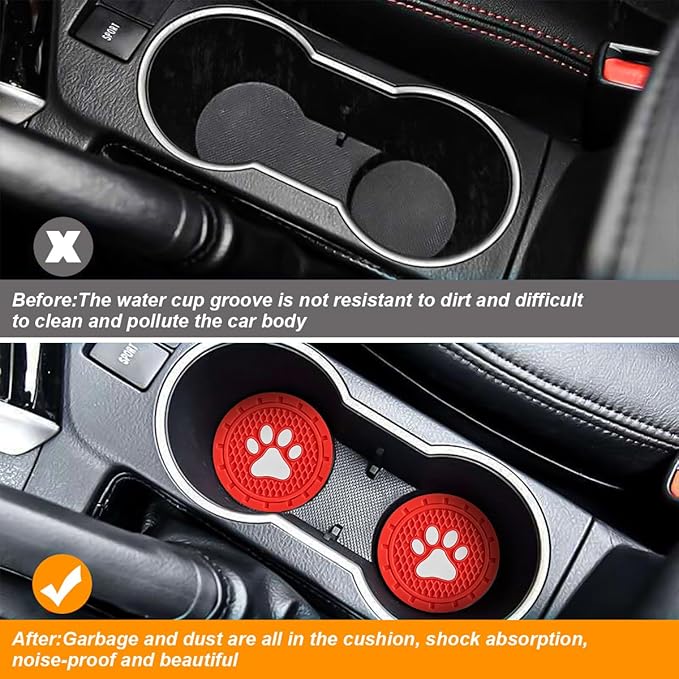 Osilly Car Cup Holder Coaster, 4 Pack PVC Paw Print Anti Slip Insert Coasters, 2.75 Inch Universal Cute Dog Paw Auto Drink Mat, Car Interior Accessories Decor for SUV, Truck, RV and More (Red)