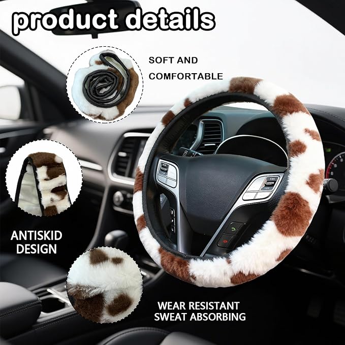 Brown Cow Fuzzy Steering Wheel Cover for Women, Universal Auto Steering Wheel 14-15 Inch Soft Warm Car Interior Accessories with 2PCS Car Coasters, Suitable for Men and Women