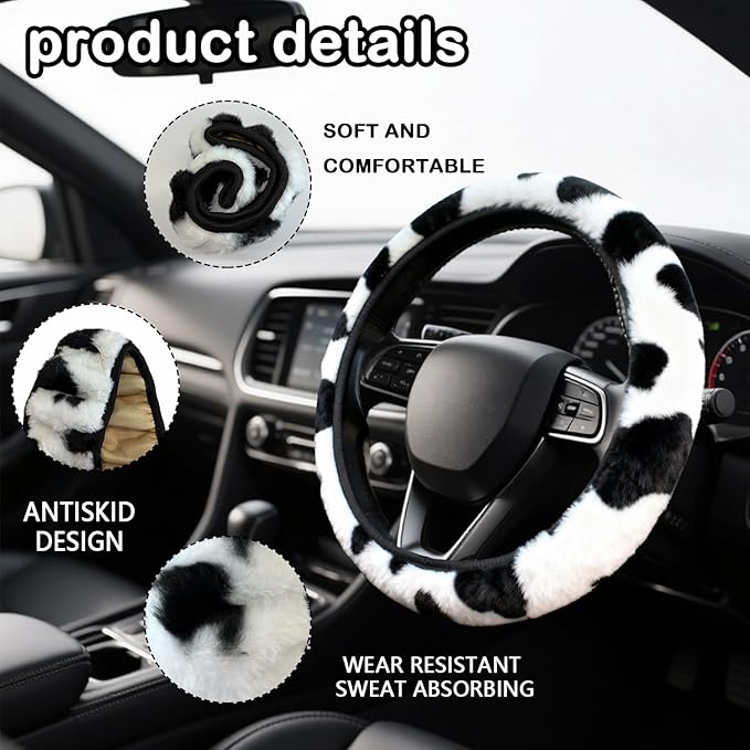 Black and White Cow Print Fuzzy Steering Wheel Cover for Women, Universal Auto Steering Wheel 14-15 Inch Soft Warm Car Interior Accessories with 2PCS Car Coasters, Suitable for Men and Women
