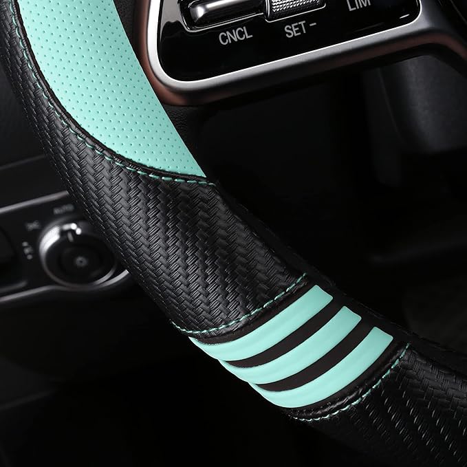 HighnessHwoo Car Steering Wheel Covers for Women Padded Carbon Fiber PU Leather Cute Auto Interior Accessories for Vehicle, Sedan, Universal, Anti Slip, Green, Standard Size, 14.75-15.15in