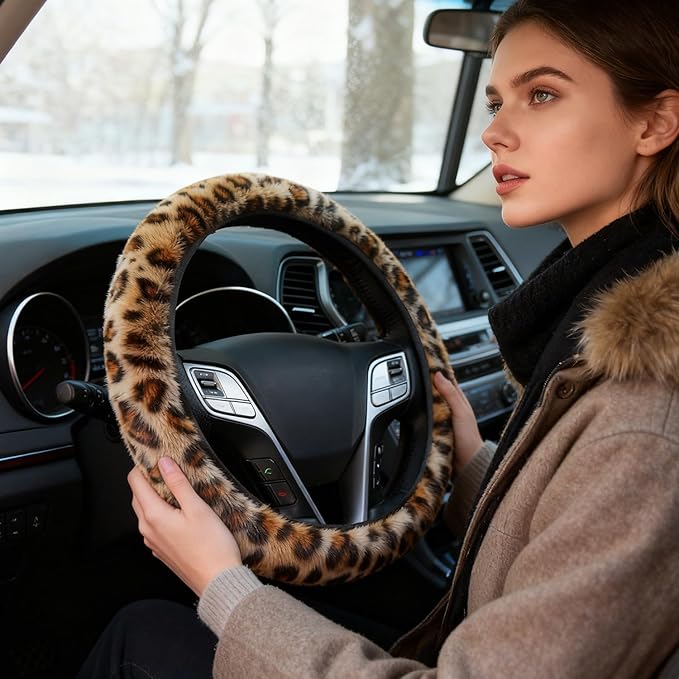 Brown Leopard Print Fuzzy Steering Wheel Cover for Women, Universal Auto Steering Wheel 14-15 Inch Soft Warm Car Interior Accessories with 2PCS Car Coasters, Suitable for Men and Women