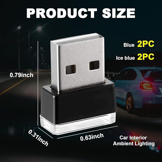 Ziciner 4 PCS USB LED Car Interior Atmosphere Lamp, Portable Mini LED Night Light, Plug-in USB Interface Trunk Ambient Lighting Kit, Universal Interior Accessories for Most Vehicles (Blue, Ice Blue)