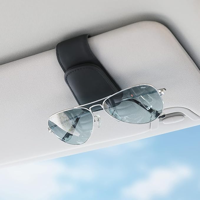 KanSmart Sunglass Holder for Car Sun Visor, Magnetic Sunglasses Clip, Leather Glasses Eyeglass Holder and Ticket Card Clip, Auto Interior Accessories Universal for Car SUV Truck Pickup -Black