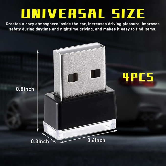 Augeny 4 PCS USB LED Car Interior Atmosphere Lamp, Plug-in USB Decor Night Light, Portable Auto Ambient Lighting Kit, Universal Vehicle Interior Accessories for Most Cars (Yellow)