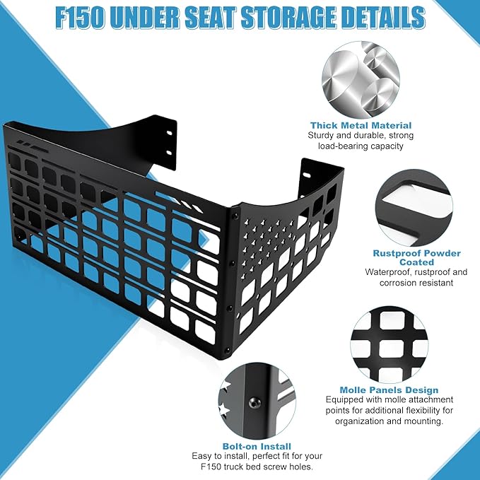 F150 Under Seat Storage Molle Panel for 2015-2026 Ford F150 & 2017-2026 F250 F350 Super Duty Supercrew/Crew Cab Interior Accessories, Truck Rear Underseat Molle Panel Organizer and Storage Box