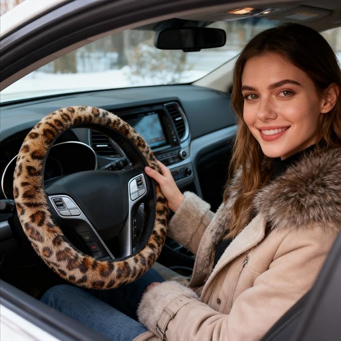Brown Leopard Print Fuzzy Steering Wheel Cover for Women, Universal Auto Steering Wheel 14-15 Inch Soft Warm Car Interior Accessories with 2PCS Car Coasters, Suitable for Men and Women