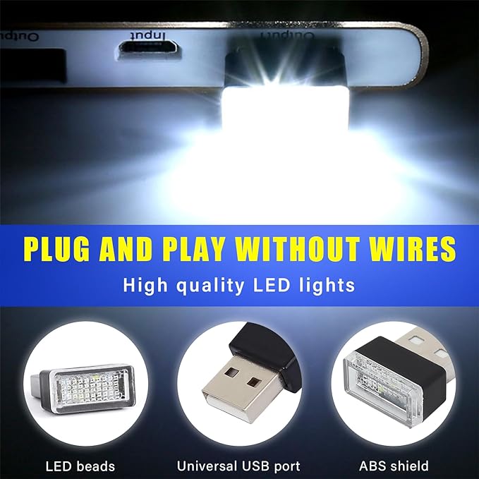 Augeny 4 PCS USB LED Car Interior Atmosphere Lamp, Plug-in USB Decor Night Light, Portable Auto Ambient Lighting Kit, Universal Vehicle Interior Accessories for Most Cars (White)