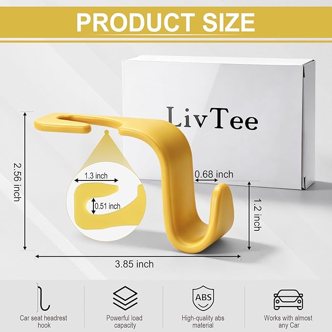 LivTee Car Seat Headrest Hook, Car Headrest Hidden Hook, 4 Pack Universal Auto Car Back Seat Hook Organizer for Purse Coat, Car Interior Accessories (Yellow)