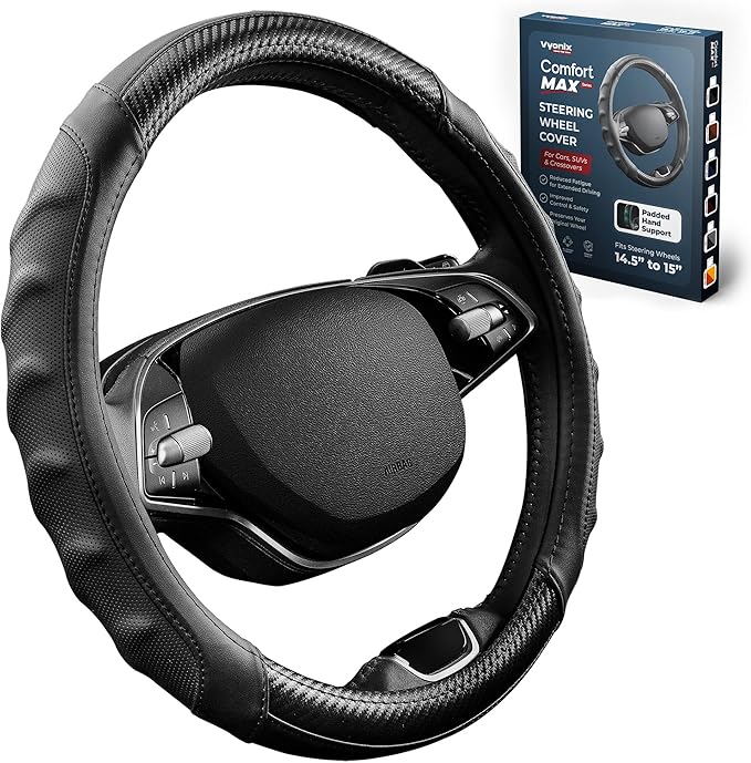 Carbon Fiber Steering Wheel Cover – 15 Inch Universal Fit for Cars & SUVs – Anti-Slip Grip, Breathable Leather Texture, Sporty Carbon Fiber Look – Premium Car Interior Accessories – Black