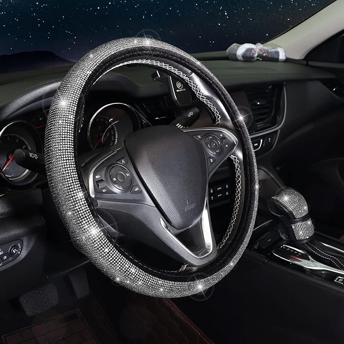 Bling Car Accessories Set of 7,Crystal Rhinestone Diamond Interior Accessories,Bling Steering Wheel Cover,Bling Seat Belt Cover,Gear Shift Cover,Car Bling Ring, Coasters,Silver