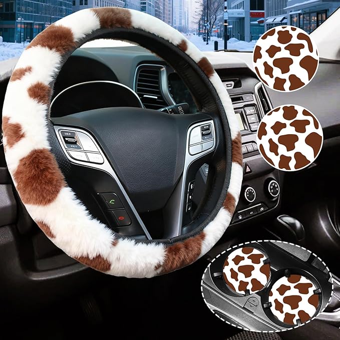 Brown Cow Fuzzy Steering Wheel Cover for Women, Universal Auto Steering Wheel 14-15 Inch Soft Warm Car Interior Accessories with 2PCS Car Coasters, Suitable for Men and Women
