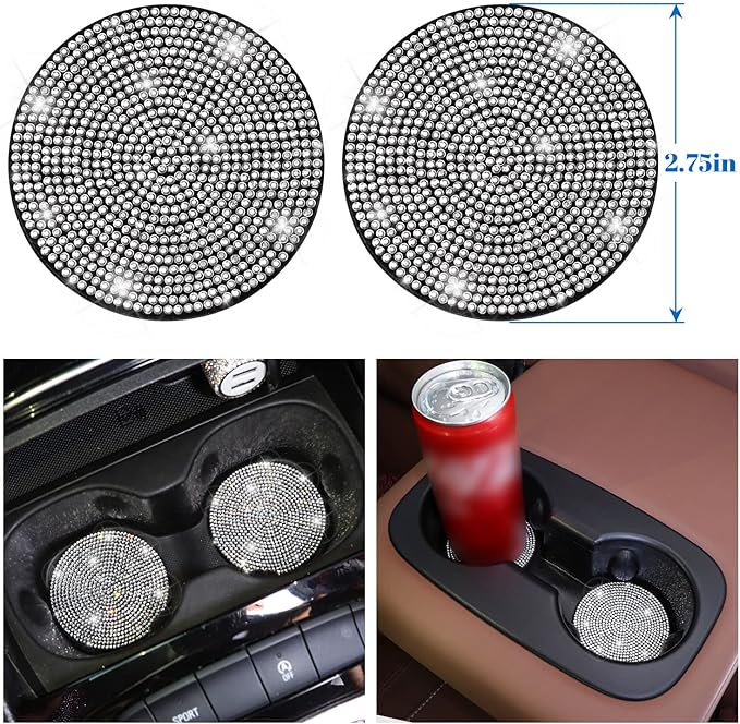 Bling Car Accessories Set of 7,Crystal Rhinestone Diamond Interior Accessories,Bling Steering Wheel Cover,Bling Seat Belt Cover,Gear Shift Cover,Car Bling Ring, Coasters,Silver