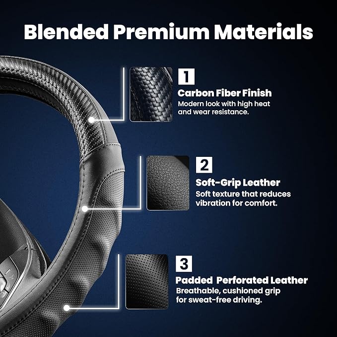 Carbon Fiber Steering Wheel Cover – 15 Inch Universal Fit for Cars & SUVs – Anti-Slip Grip, Breathable Leather Texture, Sporty Carbon Fiber Look – Premium Car Interior Accessories – Black